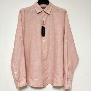 Perry Ellis Peach Linen Cotton Blend Woven Collar Long Sleeve Untucked Shirts, L